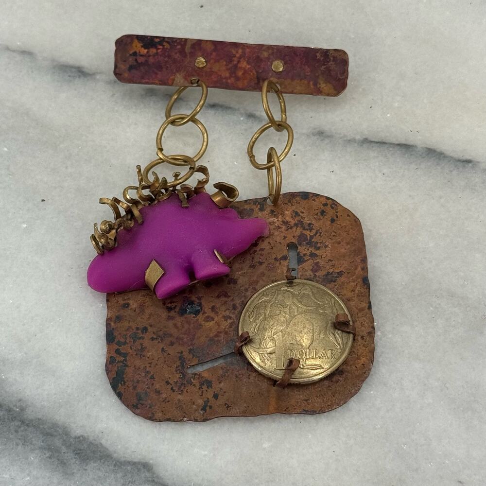 Handmade purple Dino solid copper brutalist abstract brooch
